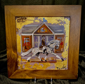 12" X 12" Framed Gold Leaf accented Dressage Rider "Passing the Barn at Devon" Motif painting on canvas