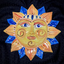 Load image into Gallery viewer, 12&quot; Ceramic hand painted Happy Sun Face w/ Blue rays
