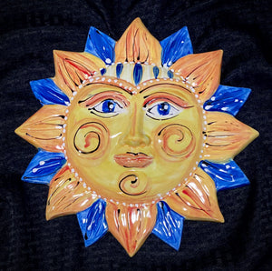 12" Ceramic hand painted Happy Sun Face w/ Blue rays