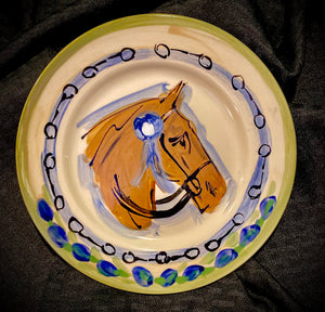 Equestrian Round Plate - Hand painted Horse Head with Bits - 8"