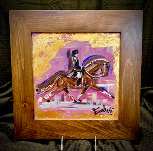 10" X 10" Framed Gold Leaf accented Dressage Rider Motif painting on canvas