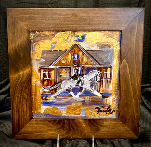 10" X 10" Framed Gold Leaf accented Dressage Rider "Passing the Barn at Devon" Motif painting on canvas
