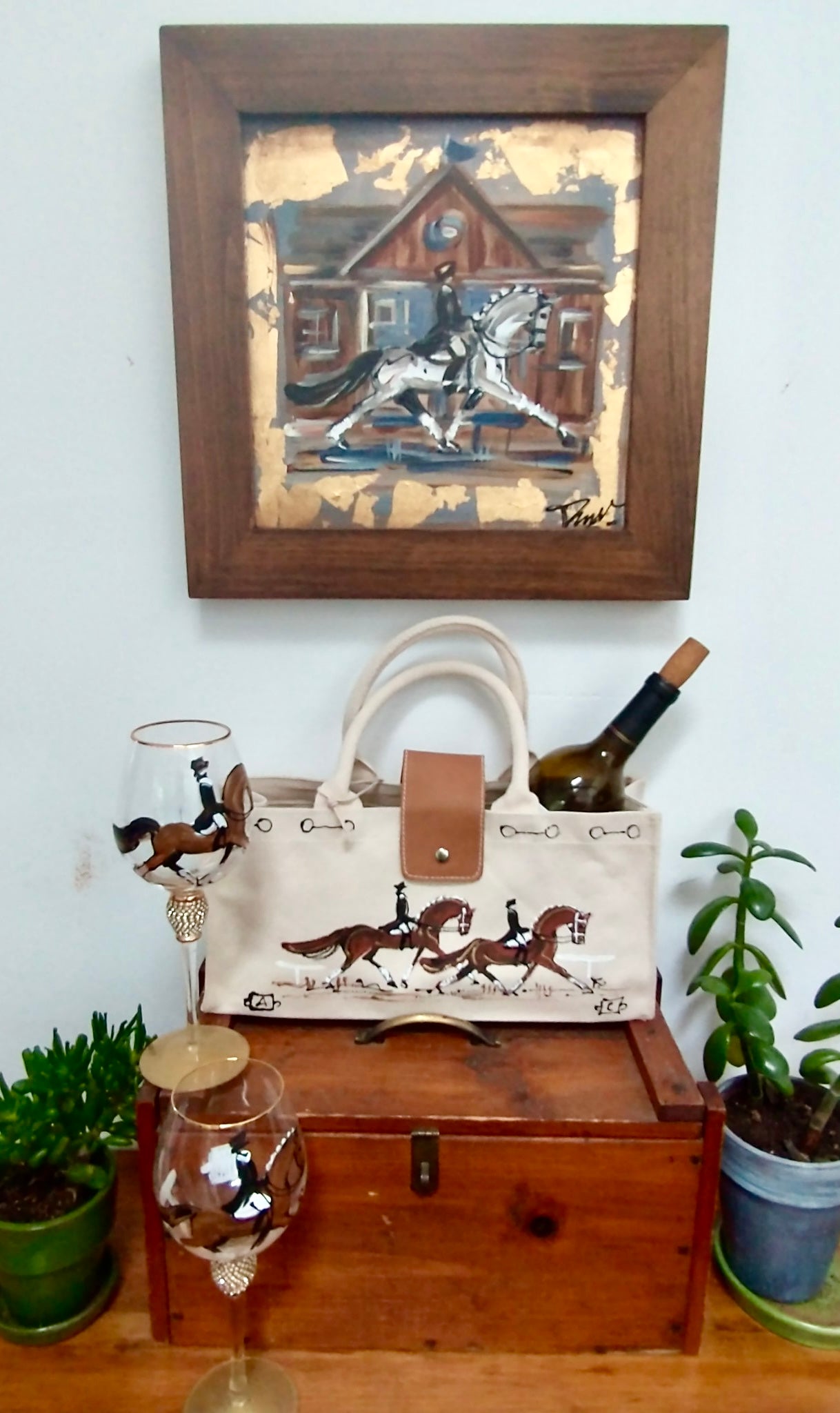 SAVE! Pax de deux Hand Painted Wine Tote and Pair of Hand Painted Gold Rimmed Wine Glasses!